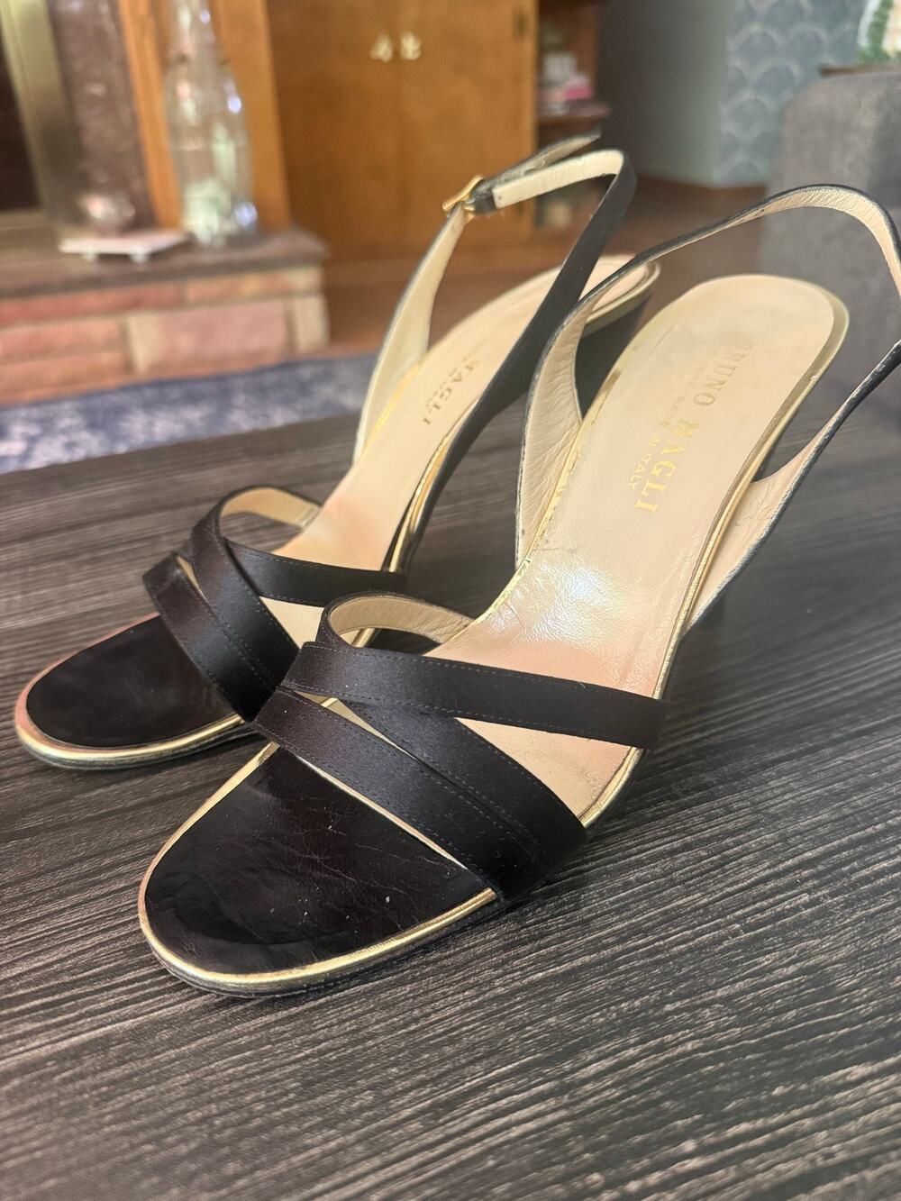 Vintage Bruno Magli Black Satin & Metallic Gold Strappy Slingback Heels Sz. 9AA